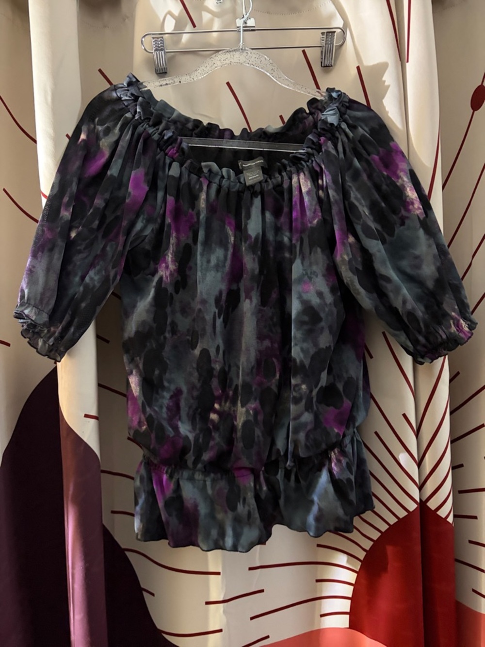 INC International Concepts Black and Purple Off-Shoulder Blouse